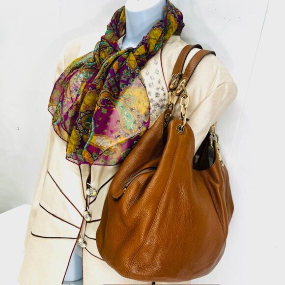 Large Michael Kors  Brown Carmel Leather Shoulder Hobo Handbag  With Scarf (2) - Picture 2 of 14
